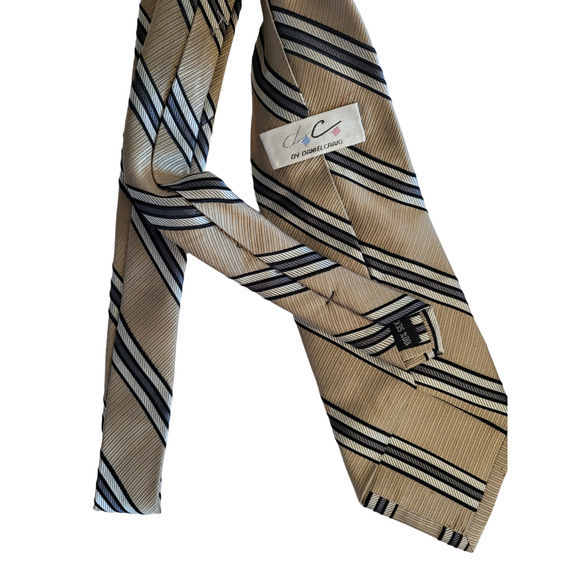 Vintage Daniel Craig Beige and Black Preppy Stripe Silk Tie - Picture 3 of 7